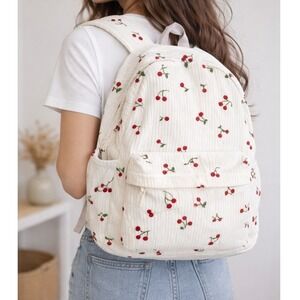Women's White Ribbed Cherry Print Backpack Cute Aesthetic Casual School Bag